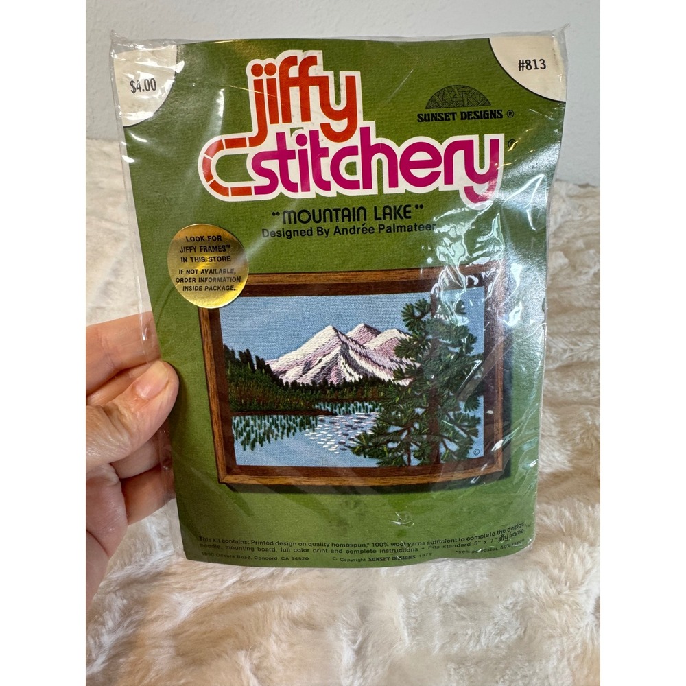 Vintage 1975 Jiffy Stitchery Mountain Lake Crewel Embroidery Kit Sunset Designs